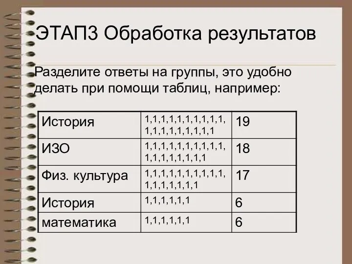 ЭТАП3 Обработка результатов Разделите ответы на группы, это удобно делать при помощи таблиц, например: