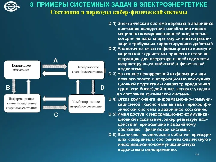 8. ПРИМЕРЫ СИСТЕМНЫХ ЗАДАЧ В ЭЛЕКТРОЭНЕРГЕТИКЕ Состояния и переходы кибер-физической