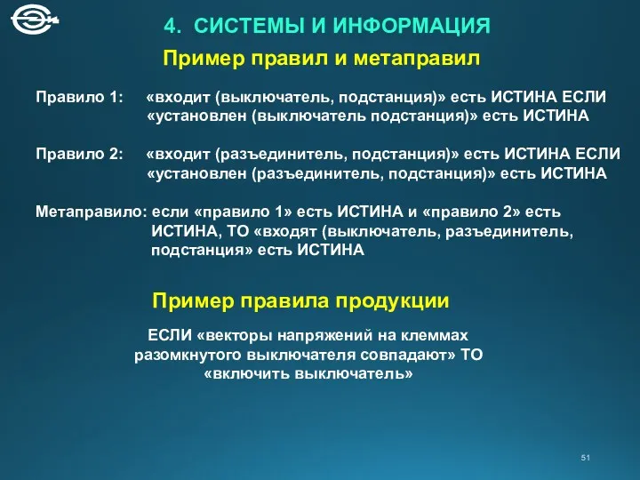 Пример правил и метаправил Правило 1: «входит (выключатель, подстанция)» есть ИСТИНА ЕСЛИ «установлен