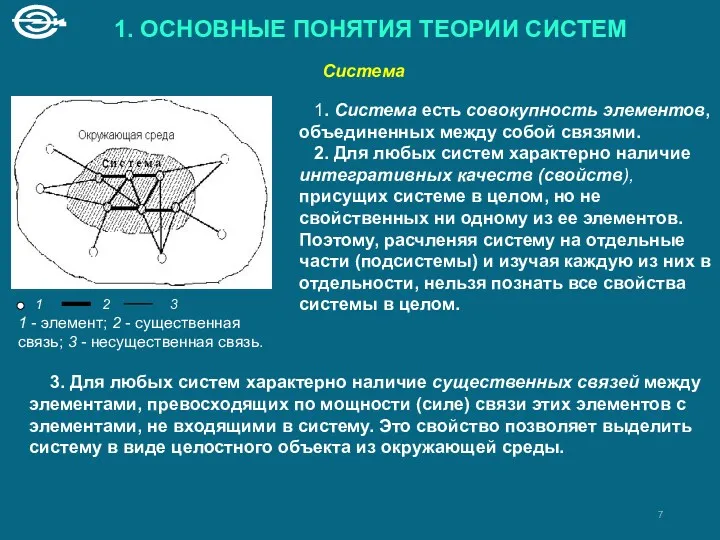 1. ОСНОВНЫЕ ПОНЯТИЯ ТЕОРИИ СИСТЕМ 1 2 3 1. Система