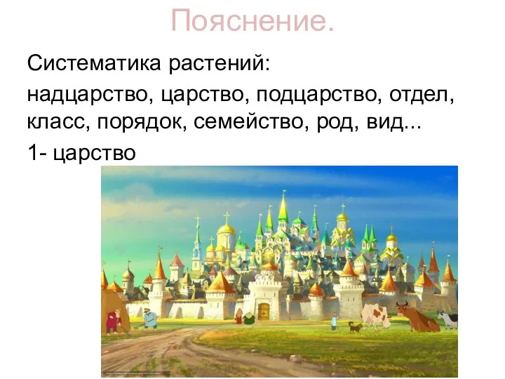 Пояснение. Систематика растений: надцарство, царство, подцарство, отдел, класс, порядок, семейство, род, вид... 1- царство