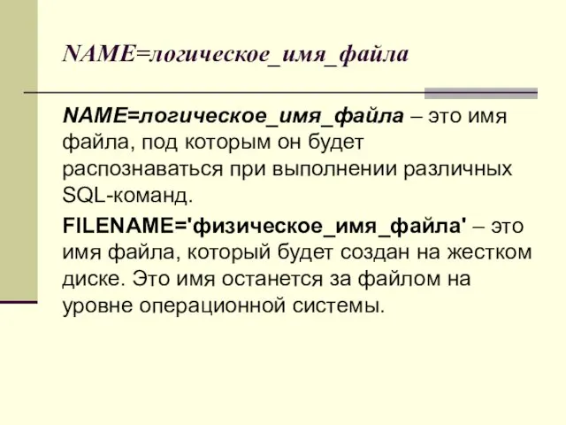 NAME=логическое_имя_файла NAME=логическое_имя_файла – это имя файла, под которым он будет распознаваться при выполнении