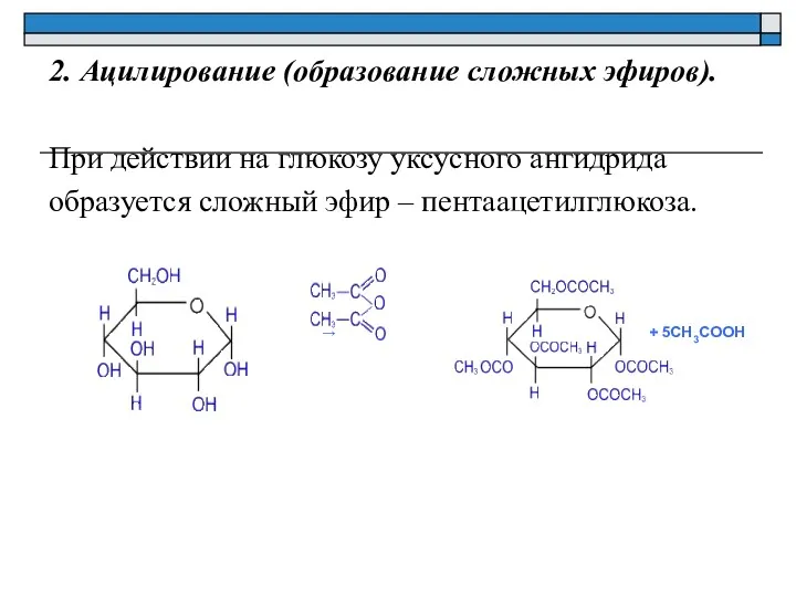 2. Ацилирование (образование сложных эфиров). При действии на глюкозу уксусного ангидрида образуется сложный эфир – пентаацетилглюкоза.