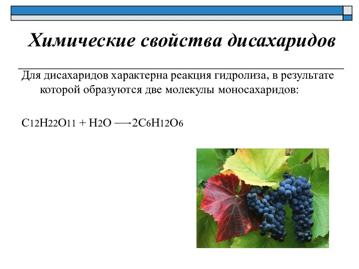 Химические свойства дисахаридов Для дисахаридов характерна реакция гидролиза, в результате