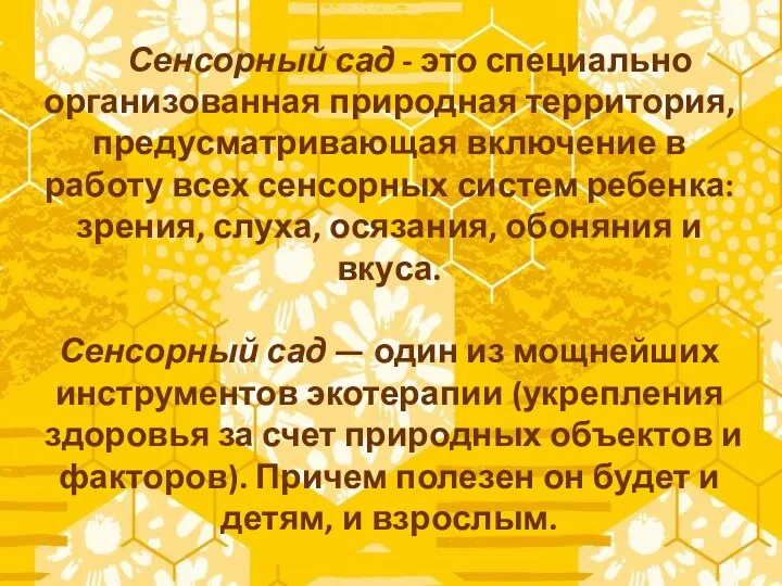 Сенсорный сад - это специально организованная природная территория, предусматривающая включение