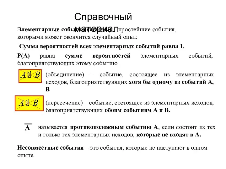 Справочный материал Элементарные события (исходы) – простейшие события, которыми может