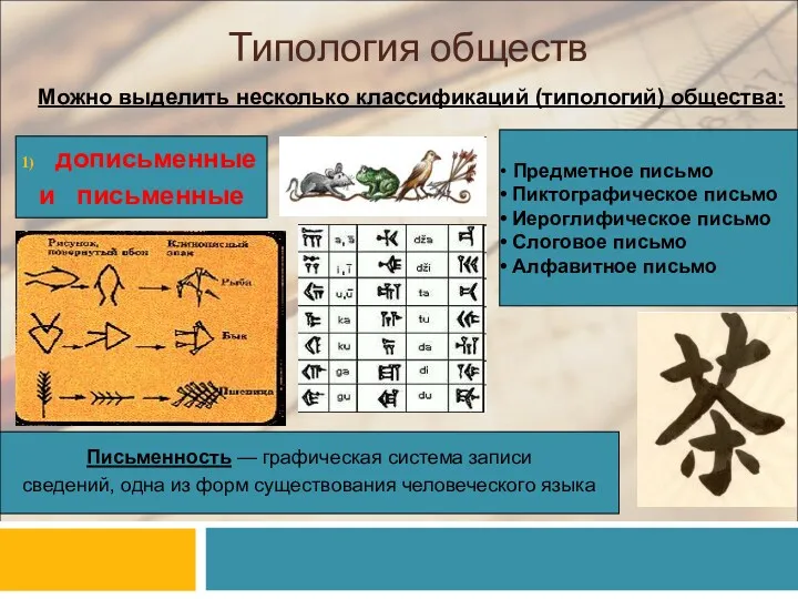 Типология обществ Можно выделить несколько классификаций (типологий) общества: дописьменные и