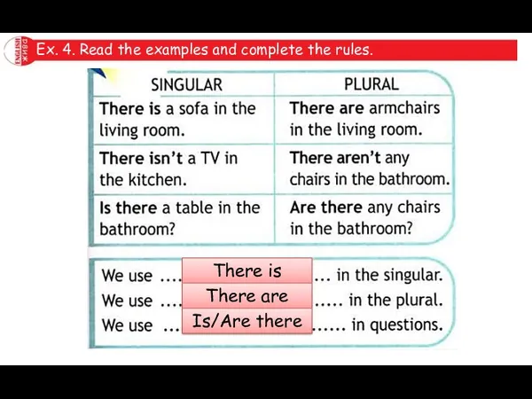 Ex. 4. Read the examples and complete the rules. There is There are Is/Are there