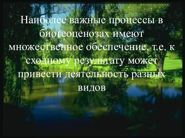 Наиболее важные процессы в биогеоценозах имеют множественное обеспечение, т.е. к