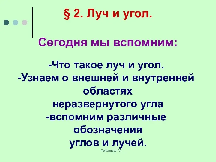 Пожванова Г.А. § 2. Луч и угол. Сегодня мы вспомним: