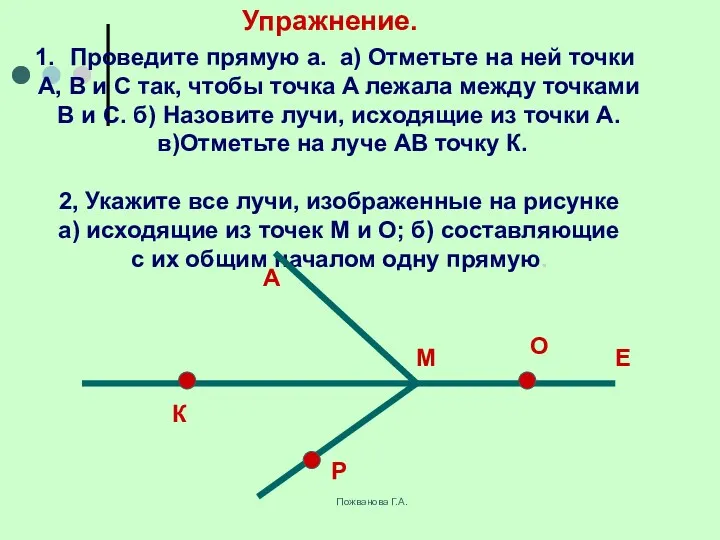 Пожванова Г.А. Упражнение. Проведите прямую а. а) Отметьте на ней