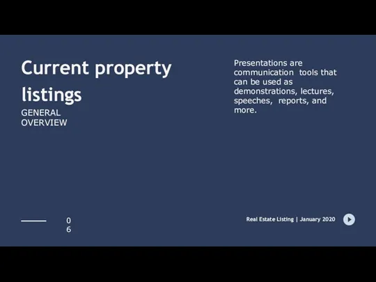 Current property listings GENERAL OVERVIEW Presentations are communication tools that can be used