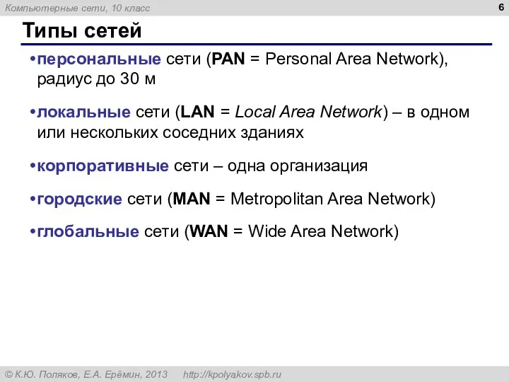 Типы сетей персональные сети (PAN = Personal Area Network), радиус до 30 м