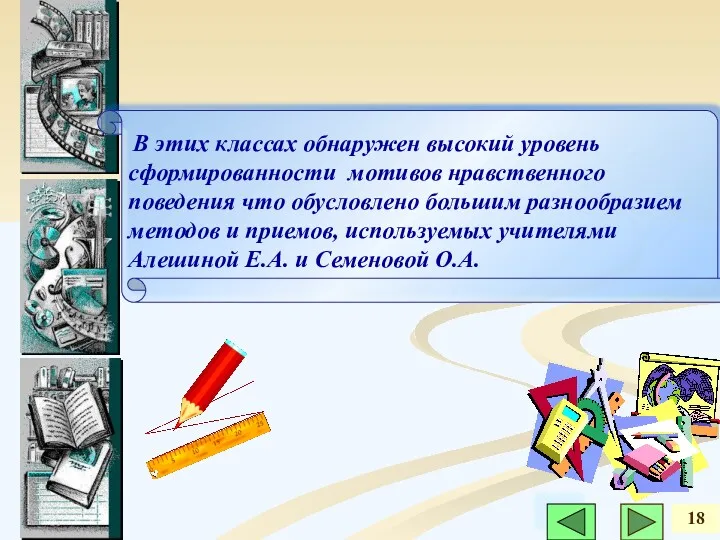 В этих классах обнаружен высокий уровень сформированности мотивов нравственного поведения