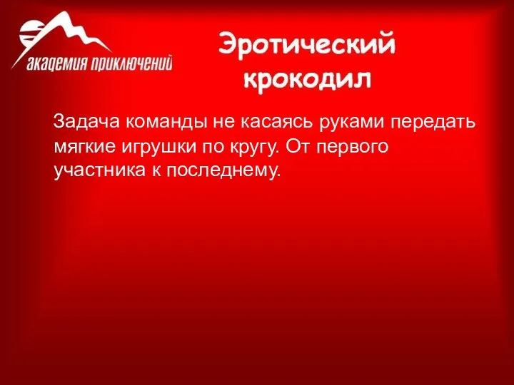 Задача команды не касаясь руками передать мягкие игрушки по кругу. От первого участника к последнему.