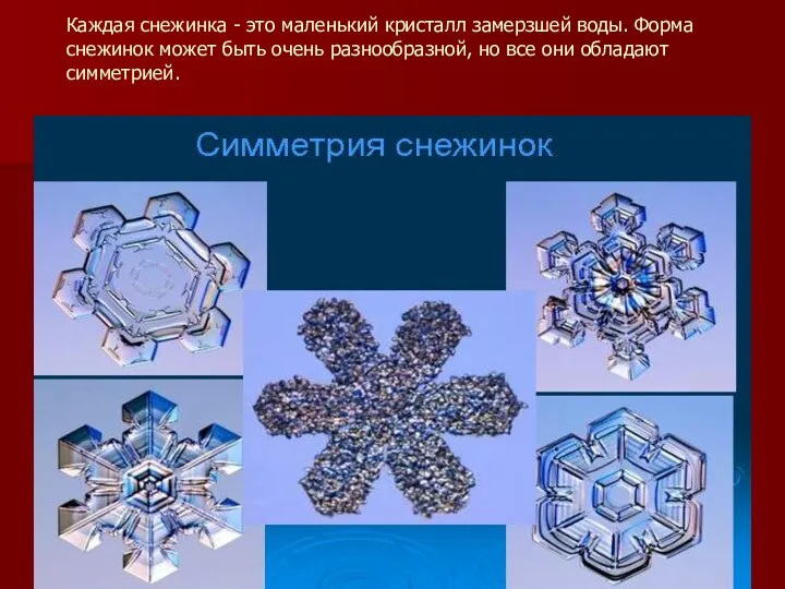 Каждая снежинка - это маленький кристалл замерзшей воды. Форма снежинок