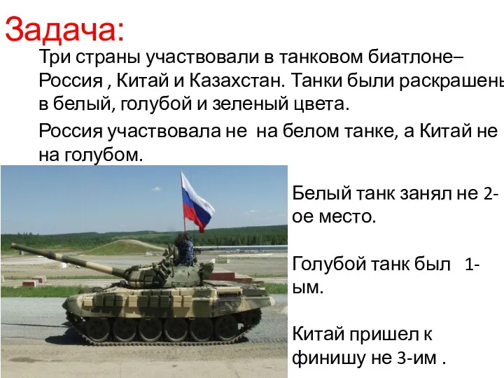 Три страны участвовали в танковом биатлоне– Россия , Китай и Казахстан. Танки были