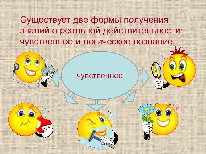 Существует две формы получения знаний о реальной действительности: чувственное и логическое познание. чувственное