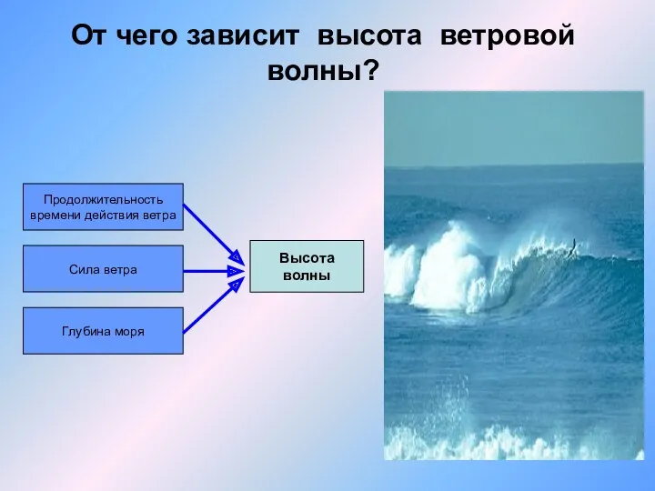 От чего зависит высота ветровой волны? Продолжительность времени действия ветра Сила ветра Глубина моря Высота волны