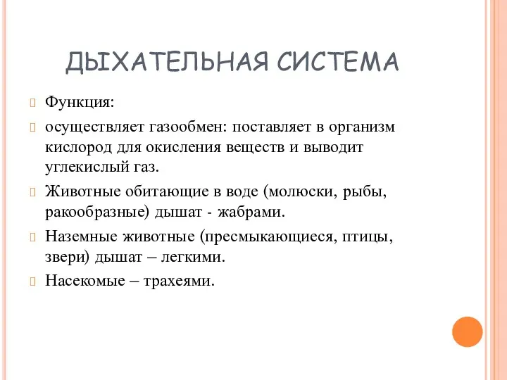 ДЫХАТЕЛЬНАЯ СИСТЕМА Функция: осуществляет газообмен: поставляет в организм кислород для