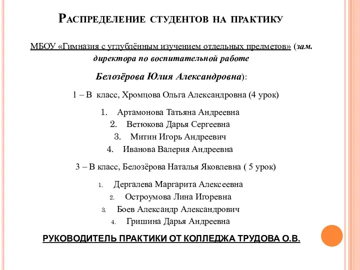 Распределение студентов на практику МБОУ «Гимназия с углублённым изучением отдельных