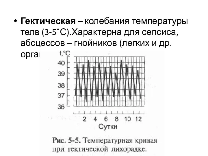 Гектическая – колебания температуры телв (3-5˚С).Характерна для сепсиса, абсцессов – гнойников (легких и др. органов)