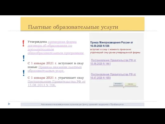 Автономная некоммерческая организация Центр правовой поддержки «Профзащита» Классное руководство (федеральная выплата) Платные образовательные услуги