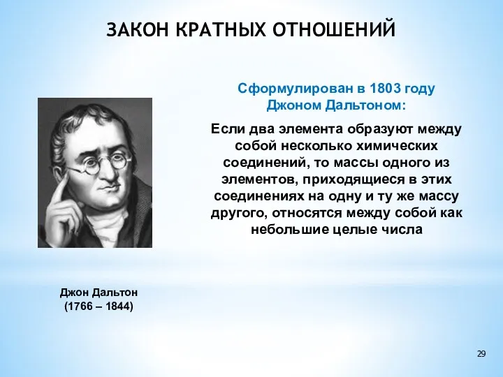 ЗАКОН КРАТНЫХ ОТНОШЕНИЙ Джон Дальтон (1766 – 1844) Сформулирован в