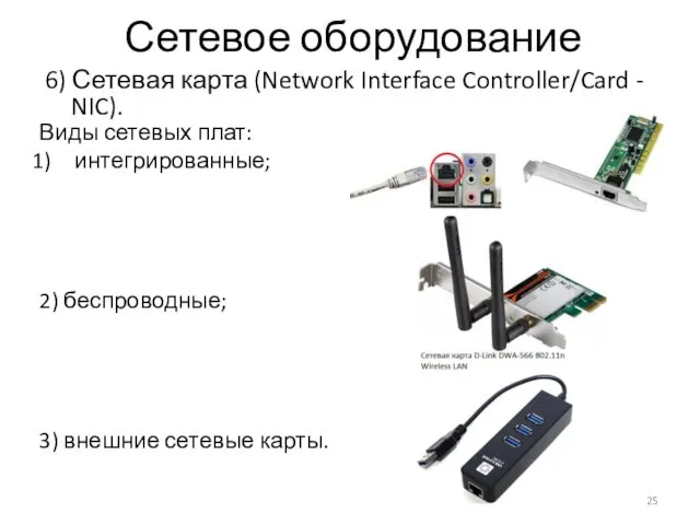 Сетевое оборудование 6) Сетевая карта (Network Interface Controller/Card - NIC).