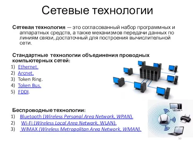 Сетевые технологии Сетевая технология — это согласованный набор программных и