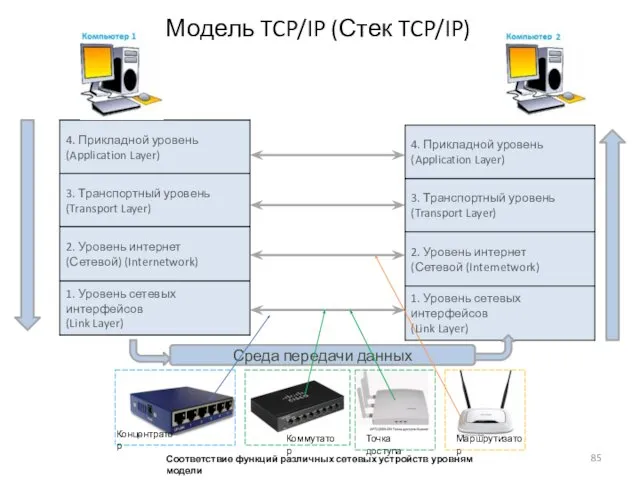 Модель TCP/IP (Стек TCP/IP) Среда передачи данных Концентратор Коммутатор Точка