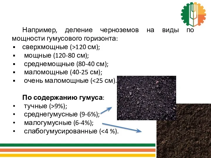 Например, деление черноземов на виды по мощности гумусового горизонта: сверхмощные