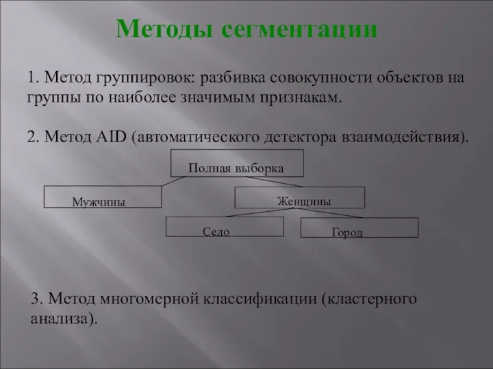 Методы сегментации 1. Метод группировок: разбивка совокупности объектов на группы