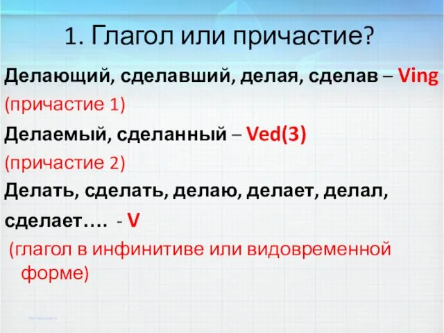 1. Глагол или причастие? Делающий, сделавший, делая, сделав – Ving