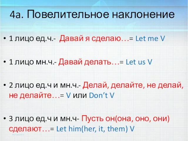 4a. Повелительное наклонение 1 лицо ед.ч.- Давай я сделаю…= Let