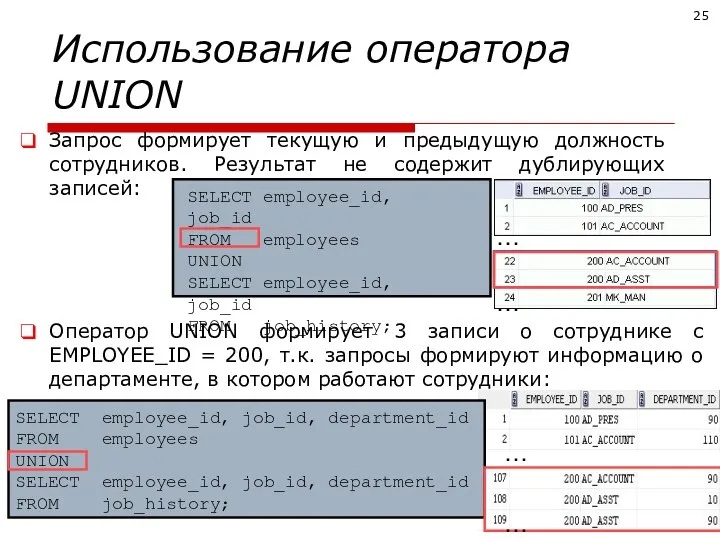 Использование оператора UNION Запрос формирует текущую и предыдущую должность сотрудников.