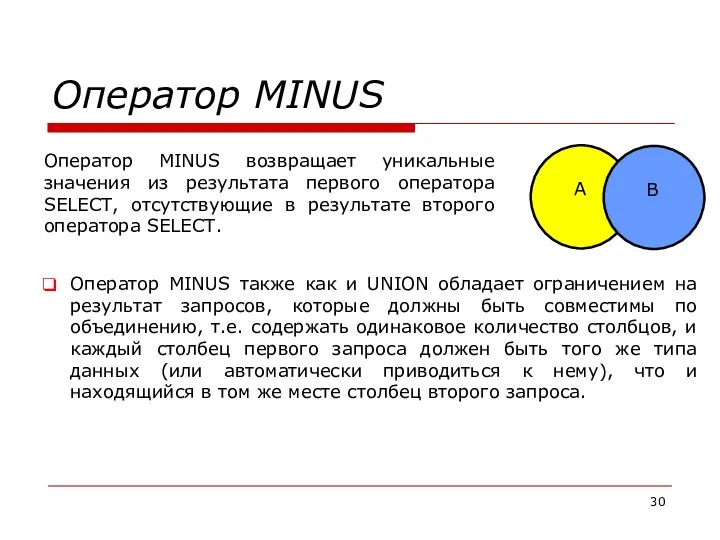 Оператор MINUS A B Оператор MINUS возвращает уникальные значения из