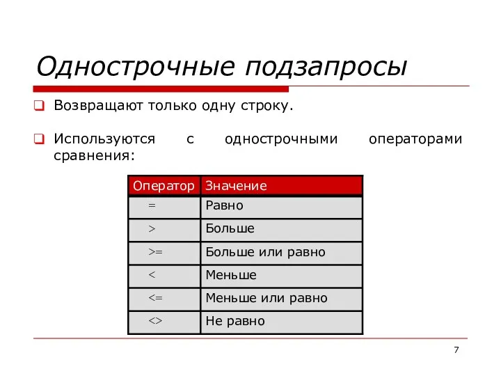 Однострочные подзапросы Возвращают только одну строку. Используются с однострочными операторами