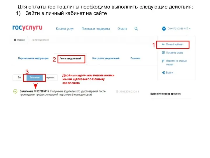 Для оплаты гос.пошлины необходимо выполнить следующие действия: Зайти в личный