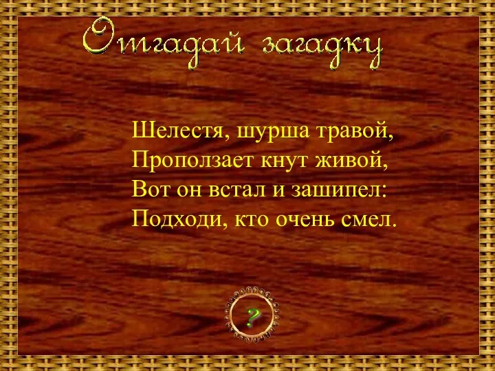 Шелестя, шурша травой, Проползает кнут живой, Вот он встал и зашипел: Подходи, кто очень смел. ?