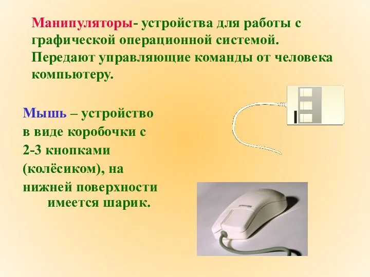 Манипуляторы- устройства для работы с графической операционной системой. Передают управляющие