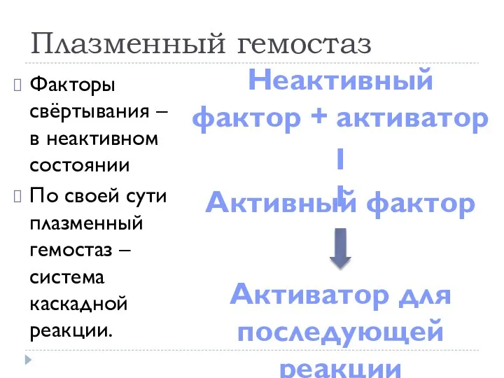 Плазменный гемостаз Факторы свёртывания – в неактивном состоянии По своей