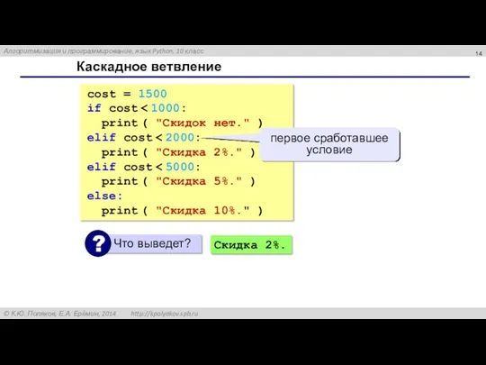 Каскадное ветвление cost = 1500 if cost print ( "Скидок