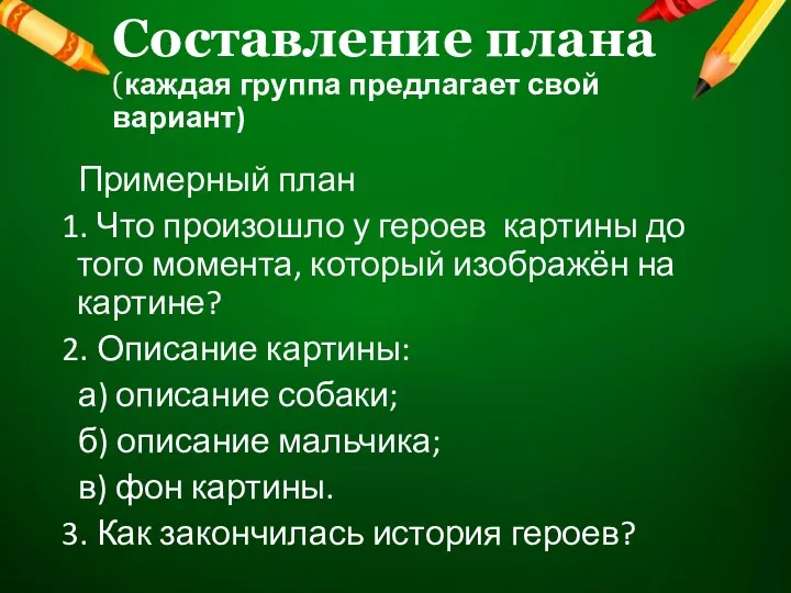 Составление плана (каждая группа предлагает свой вариант) Примерный план 1.