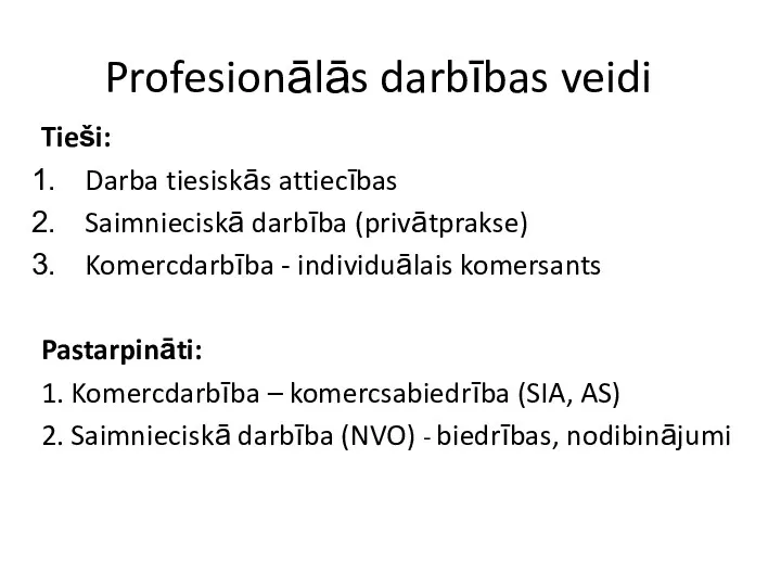 Profesionālās darbības veidi Tieši: Darba tiesiskās attiecības Saimnieciskā darbība (privātprakse)