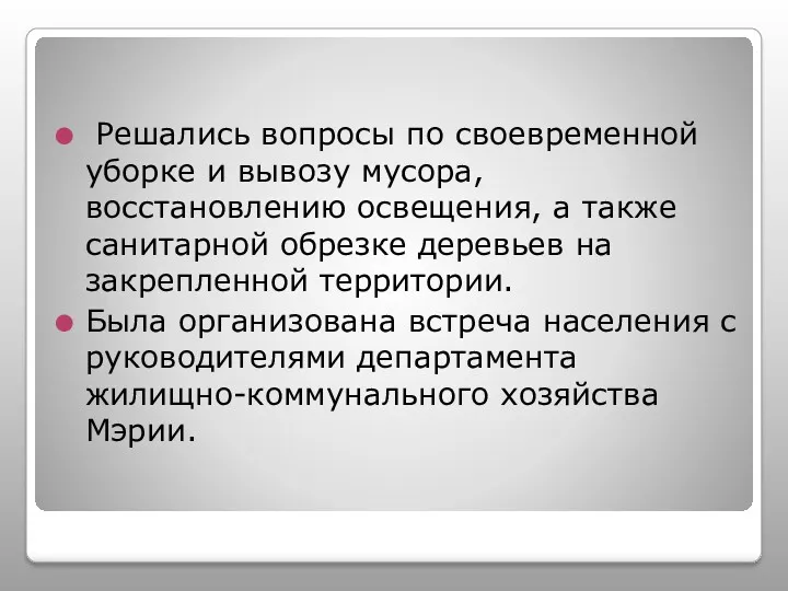 Решались вопросы по своевременной уборке и вывозу мусора, восстановлению освещения,