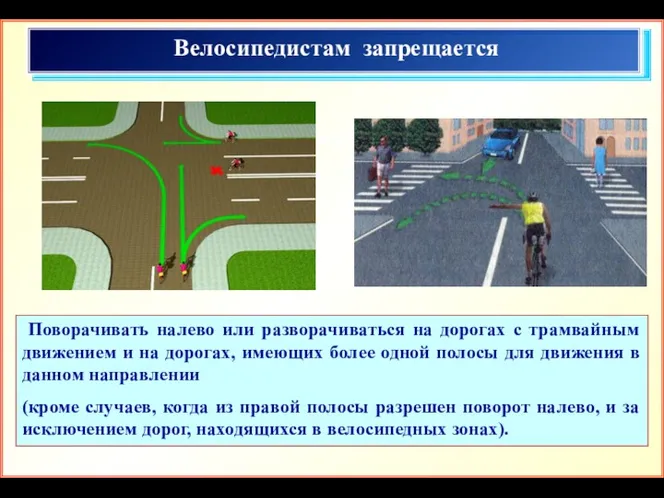 Левый поворот на велосипеде Велосипедистам запрещается Поворачивать налево или разворачиваться