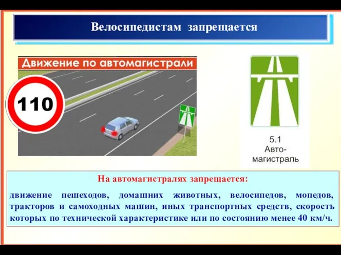 Велосипедистам запрещается На автомагистралях запрещается: движение пешеходов, домашних животных, велосипедов,