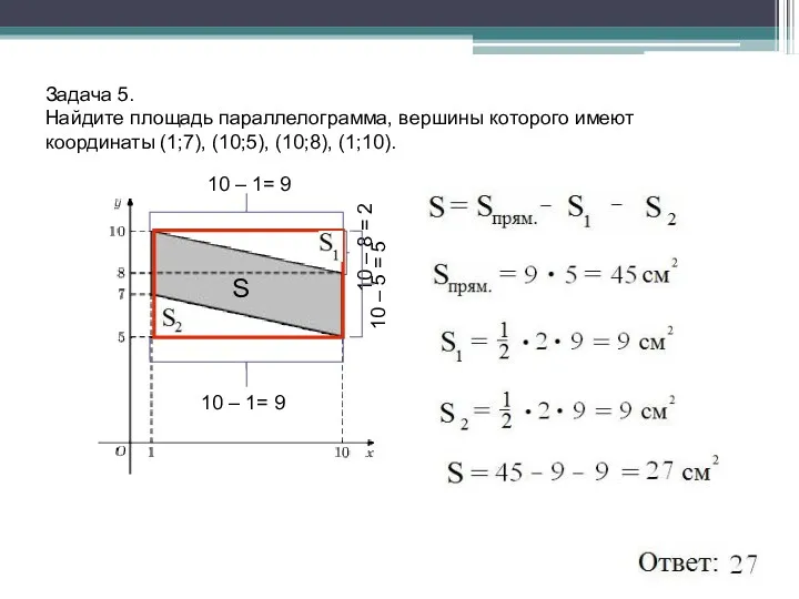 Задача 5. Найдите площадь параллелограмма, вершины которого имеют координаты (1;7),