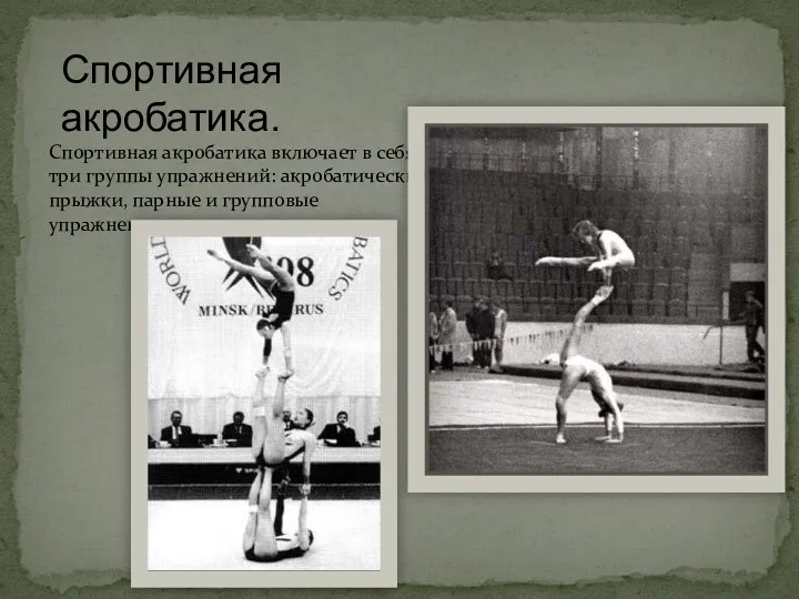 Спортивная акробатика. Спортивная акробатика включает в себя три группы упражнений: акробатические прыжки, парные и групповые упражнения.